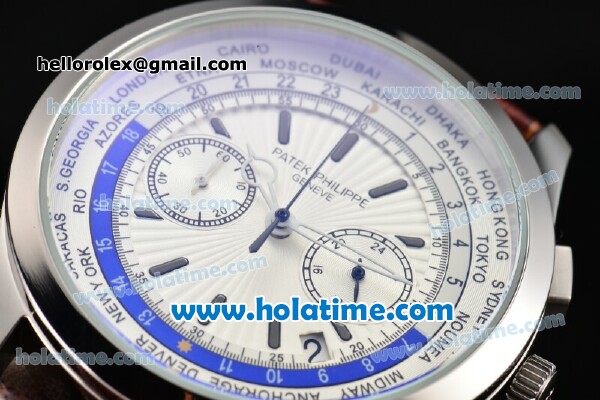 Patek Philippe Complicated World Time Chrono Miyota Quartz Steel Case with White Dial and Stick Markers - Click Image to Close
